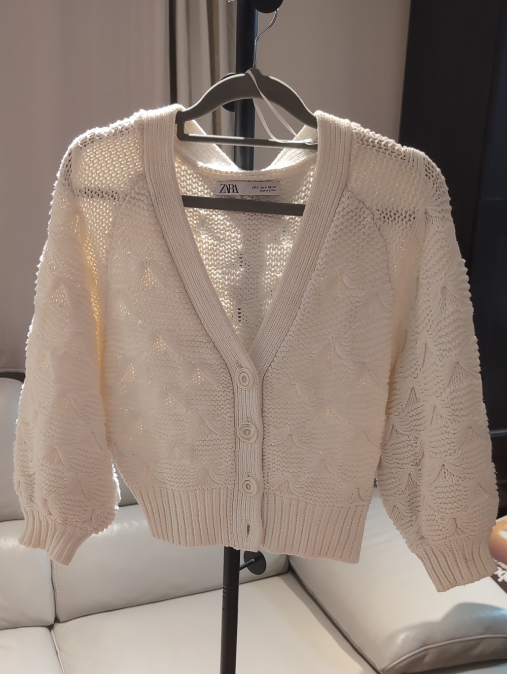 Zara Ivory Textured V-Neck Button Cardigan